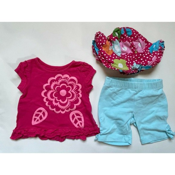 Girl's Size 6M 3-6 Months 3 Pc Pink Floral Top, Blue Old Navy Shorts & Sun Hat - Picture 1 of 8